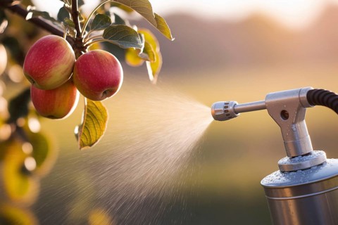 Close-up of pesticide sprayer aimed at ripe apples on tree. Concept of agriculture, crop