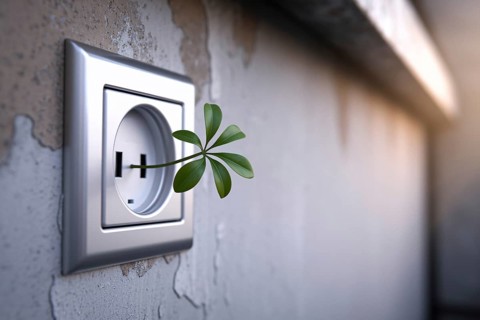 Power outlet with green leaf sprout. A visual metaphor for sustainable electricity and green energy