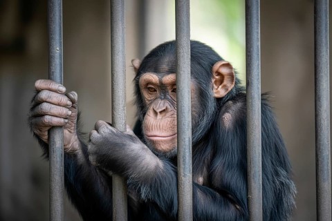 Sad chimpanzee sits behind bars in a zoo enclosure reflecting captivity and animal welfare concer.