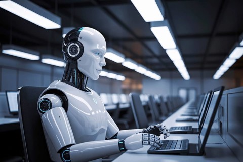 White AI robot with headset seated at workstation in empty office. Stark lighting and abandoned