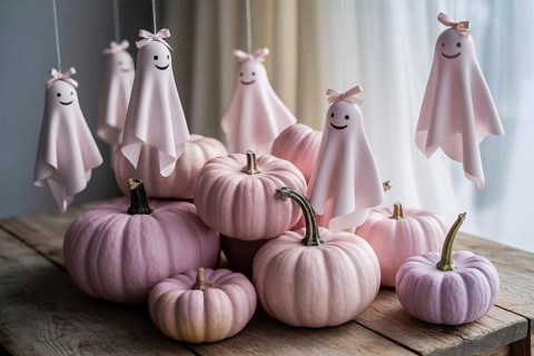 Pastel pink Halloween scene with hanging cute ghosts and decorative pumpkins. Whimsical and modern