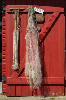 Rope and fishing net on a wooden door, trammel net, harbour, Flensburg, Flensburg Fjord, Baltic
