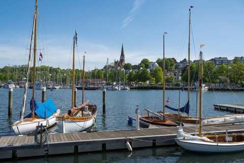 Town view, church St. Jürgen, sailing boats, harbour, Jürgensby, Flensburg, Flensburg Fjord, Baltic