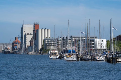 Shipyard office and commercial harbour, Flensburg, Flensburg Fjord, Baltic Sea, Schleswig-Holstein,