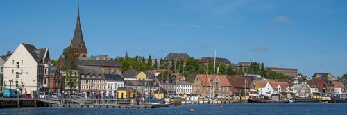 City view with St. Marien church, harbour, Flensburg, Flensburg Fjord, Baltic Sea,