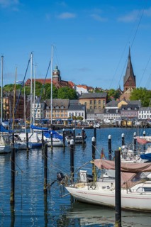 City view with St. Marien church, sailing boats, harbour, Flensburg, Flensburg Fjord, Baltic Sea,