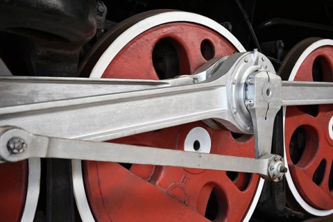 Driving wheels of the express train, steam locomotive P36 123 in the Prora Museum,
