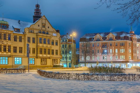 Art Nouveau houses winter illuminated Minden Germany