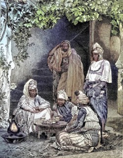 An Arab family in Algeria, sitting together and havin teatime, Illustration from 1894,