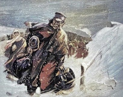 Man comes home for Christmas with lots of luggage and presents in the winter snow, Illustration