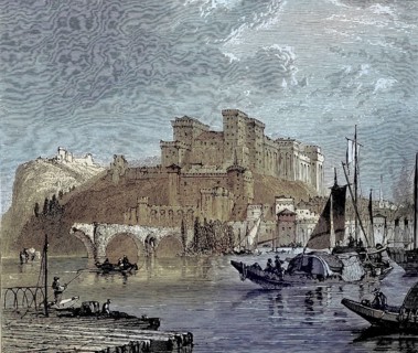 View of the city of Avignon on the Rhone in Provence in southern France, illustration, published