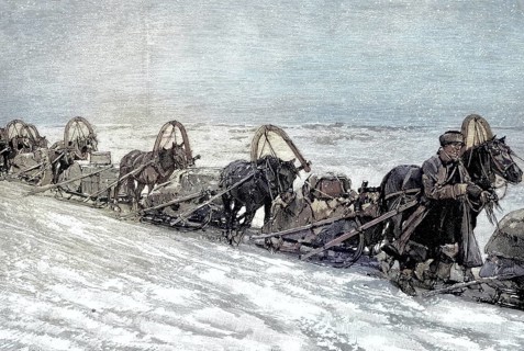 Russian tea transport by horse-drawn sleigh in winter, illustration, published 1890, reproduction,
