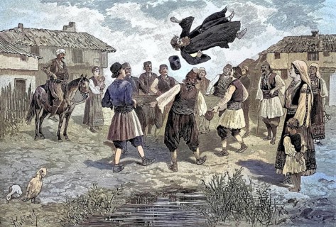 The, bouncing, the pop in old Serbia, the pope is thrown in the air with a cloth, original drawing