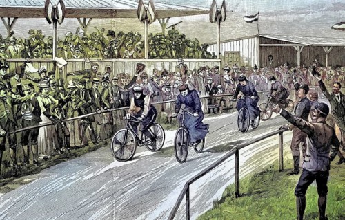 The first woman's race on the race track in Halensee near Berlin, Germany, illustration, published