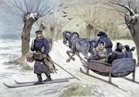 Postman in the countryside with snowshoes in East Prussia and a horse-drawn carriage, illustration,
