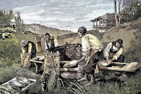 Kakheti, a region in Georgia, people baking bread with a simple oven, a tornia, illustration from