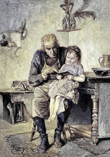 Grandfather reading a book together with his granddaughter, at home on a farm in Austria,