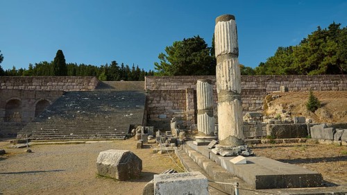 Ancient ruins with broken columns and stairs, surrounded by nature, Asklepios Temple, Asklipion,