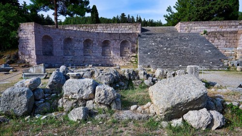Roman theatre with arches and stone ruins in a natural setting, flight of steps, second terrace,