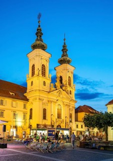 Baroque Mariahilferkirche church by night, Graz, Austria