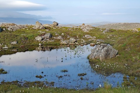 Small pond in a tranquil moorland landscape with rocks and clouds, Tarbert, Isle of Lewis,