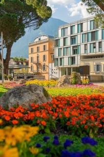 Colourful flower beds in front of a modern building, in sunny weather in a park, Merano, Italy