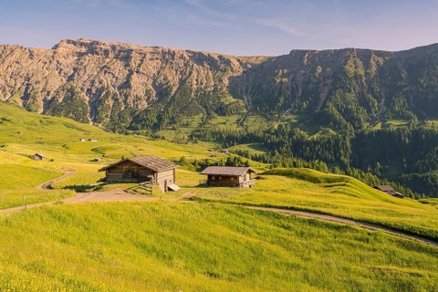 Alpine huts on a wide, sunlit meadow in front of steep mountain faces, Alpe di Siusi, Dolomites,