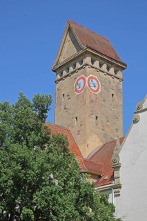 Tower with clock from the former Emma-Jaeger-Bad, swimming pool built in 1911 in Art Nouveau style,