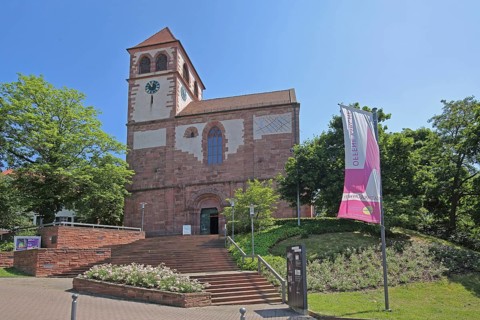Late Gothic castle church with staircase and flag with inscription open church, St Michael,