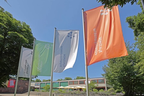 Flags with inscription Jewellery Museum, Reuchlinhaus, Pforzheim, Northern Black Forest, Black