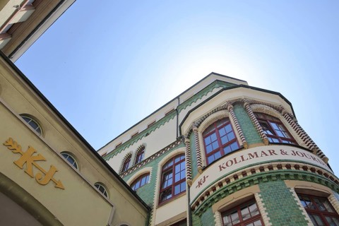 Kollmar & Jourdan House built in 1910, Technical Museum, Art Nouveau, view upwards, emblem,