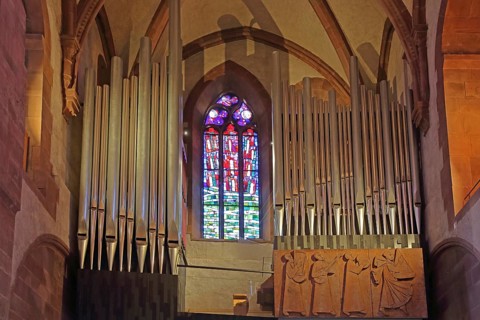 Organ and colourful stained glass window, arts and crafts, stained glass, abstract art, interior