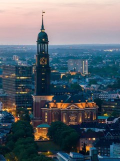 Aerial view of St Michael's Church (Michel) at sunset, Hamburg, Germany