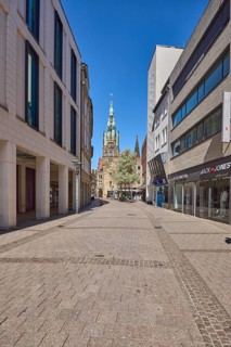 Pedestrian zone, retail shops, Stadthausturm, architectural style neo-renaissance, architect Alfred