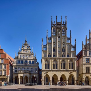 Historic town hall, Gothic architecture, Old town, Historic buildings, Gables, Blue cloudless sky,