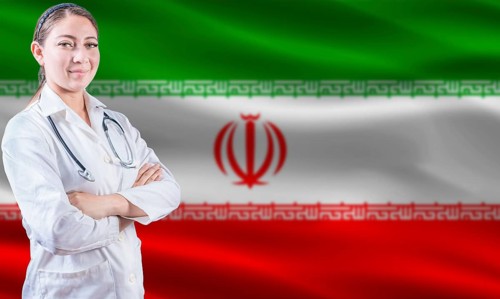 Female doctor on Iran flag. Doctor with crossed arms on Iran flag. Iran health and care concept
