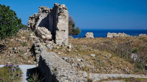 Stone ruins overlooking the sea and surrounded by greenery, Antimacheia, Medieval Fortress, St