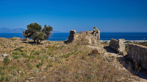 Ruins overlooking the sea under a clear blue sky, Kardamina, Antimacheia, Medieval Fortress, St