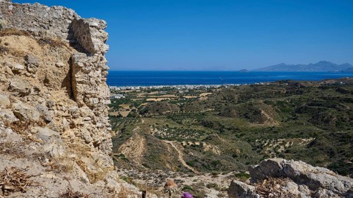 Rocky ruins with views of the sea and a hilly coastal landscape, Kardamina, Antimacheia, Medieval