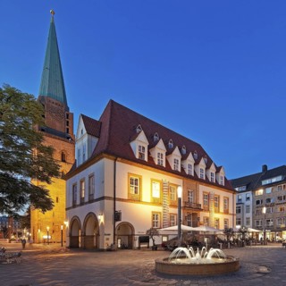 Old Market with Old Town Nicolai Church and TAM Theatre in the evening, Bielefeld, East