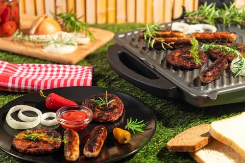Various grilled dishes and spices on a plate and grill in the sunlight