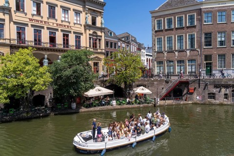 The old town centre of Utrecht, Oudegracht, around 2 km long with many old houses, shops,