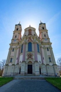 East tower of the baroque Basilica of St Alexander and Theodor, backlit, Ottobeuren Monastery,