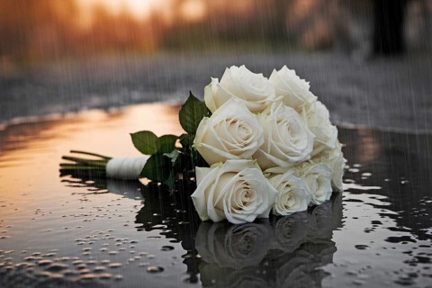 White rose wedding bouquet in puddle during heavy rain. Dramatic image symbolizes heartbreak and