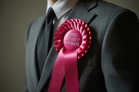 Satirical rosette on men's suit with text I cried, but I did it anyways. Irony of