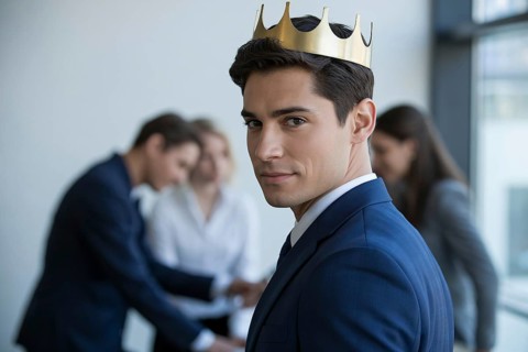 Young man in suit wearing crown in modern office. Portrait highlights male authority and subtle