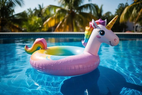 Colorful unicorn pool float drifting in sunny tropical pool. Playful summer scene captures leisure,