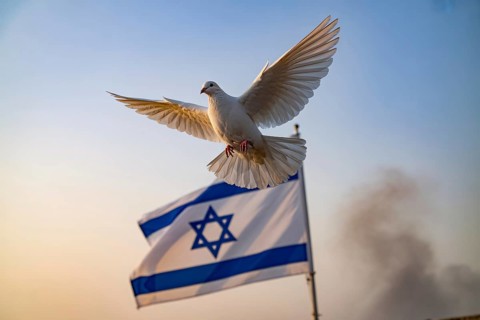Peace dove soaring above Israeli flag. Symbol of hope in times of conflict. Generative ai, AI