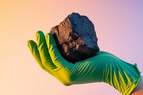Green glove holding coal. A symbolic image critiquing greenwashing and environmental hypocrisy.