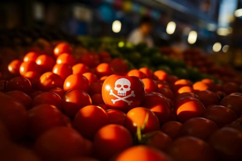 Poison skull painted on tomato highlights hidden pesticide danger in everyday produce. Generative